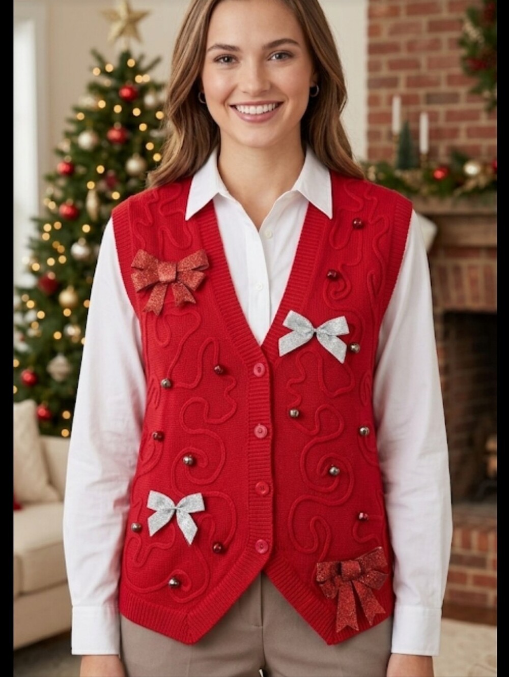Red Christmas Sweater Vest M Upcycled Holidays Sparkly Bows & Bells